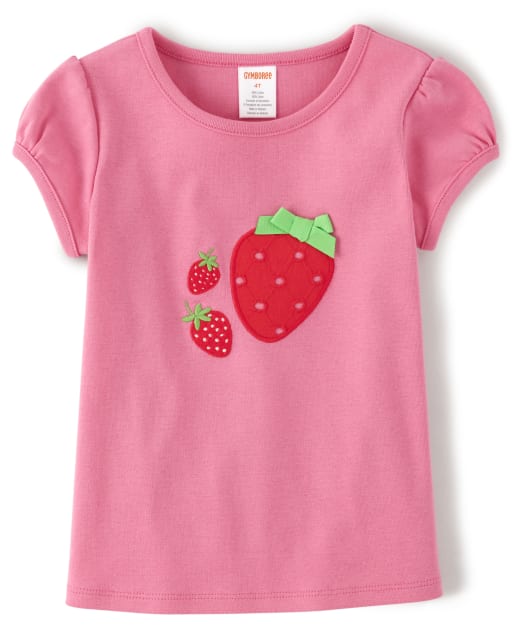 Girls Short Sleeve Embroidered Applique Strawberry Top - Strawberry Patch