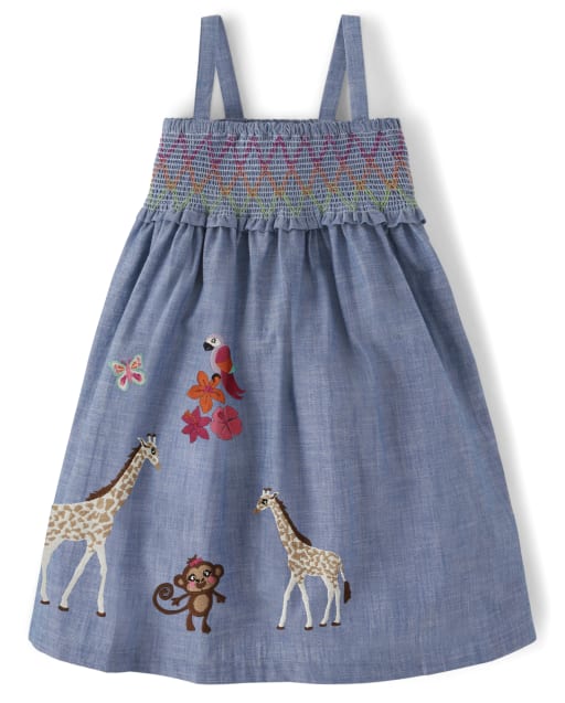 Robe smockée brodée en chambray pour fille - Safari d'été
