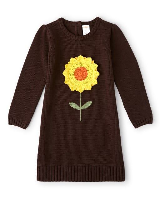 Girls Crochet Applique Sunflower Sweater Dress - Harvest - view 1