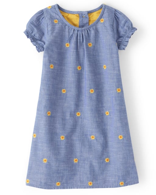 Robe droite en chambray tournesol brodée pour filles - Récolte