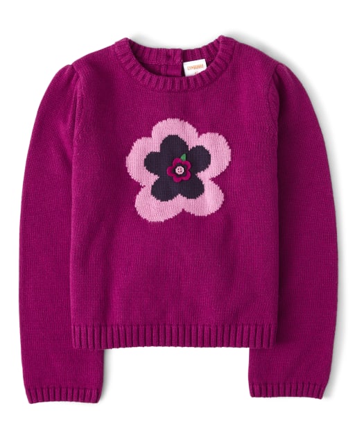 Girls Embroidered Flower Sweater - Berry Cute - view 1