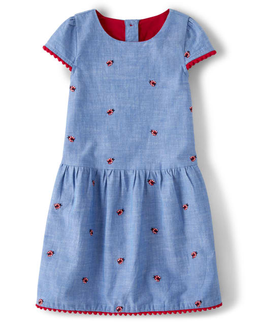 Girls Embroidered Chambray Dress - Little Ladybug - view 1