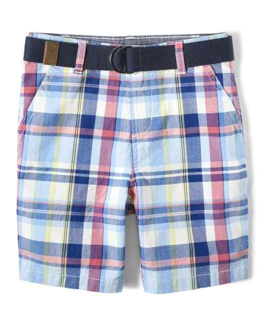 Boys Plaid Belted Chino Shorts - Country Club - view 1