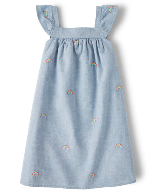 Girls Embroidered Rainbow Chambray Dress - Sunshine Time - view 1