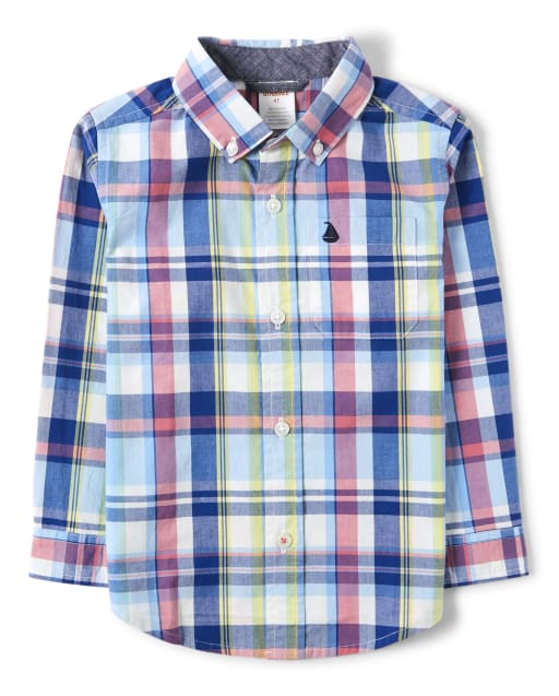 Boys Embroidered Plaid Button Up Shirt - Country Club