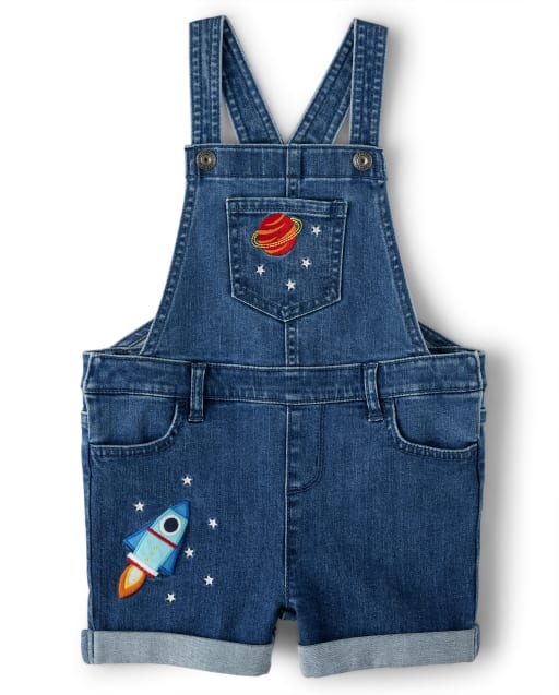 Girls Embroidered Space Denim Shortalls - Future Astronaut