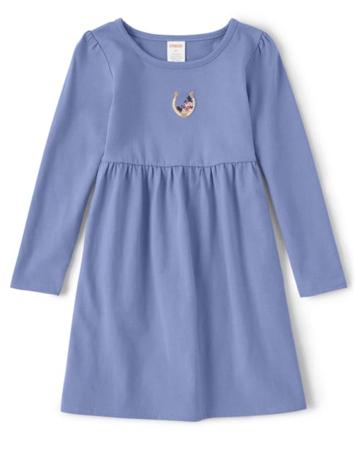 Girls Embroidered Horseshoe Dress - Western Skies
