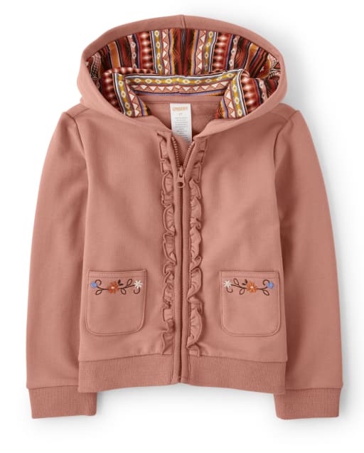 Girls Ruffle Zip Up Hoodie - Western Skies