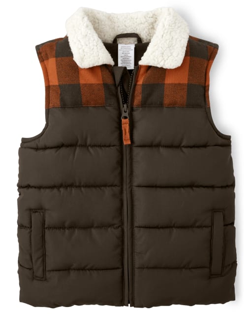 Boys Plaid Puffer Vest - Harvest - view 1