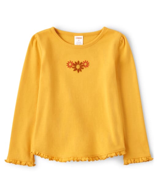 Girls Embroidered Sunflower Ruffle Top - Harvest