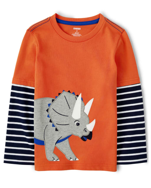 Boys Embroidered Triceratops Layered Top - Dino Dude