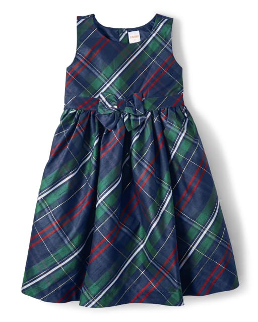 Girls Plaid Bow Dress - Family Celebrations Green