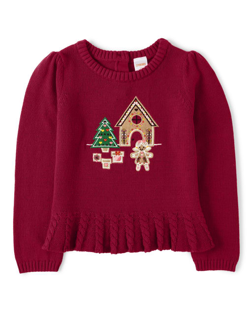 Girls Embroidered Gingerbread Peplum Sweater - Ho Ho Ho - view 1