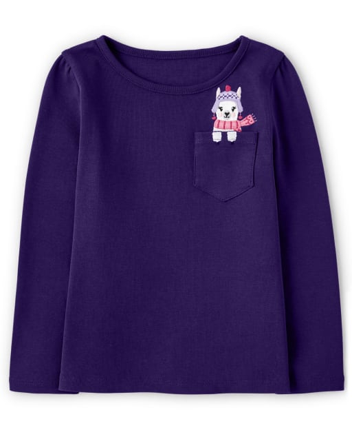 Camiseta de manga larga con bolsillo de llama bordada para niñas - Little Llamas