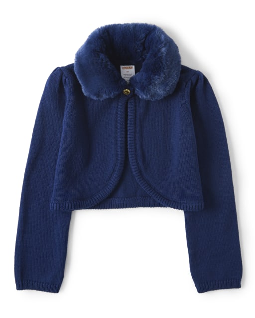 Girls Faux Fur Cropped Cardigan - Family Celebrations Green