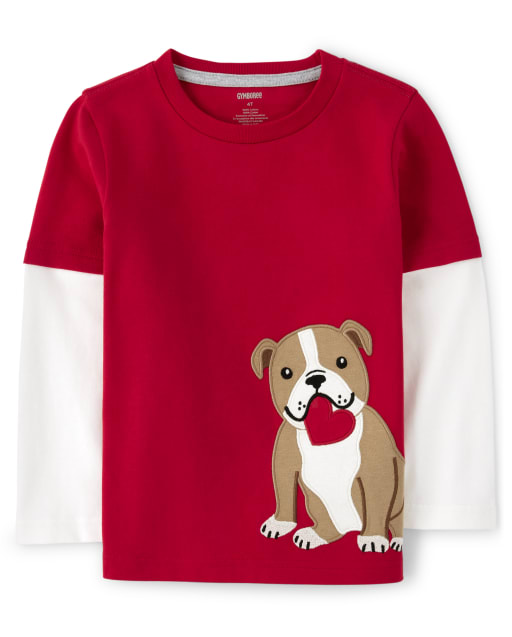 Boys Long Sleeve Embroidered Dog Layered Top - Valentine Cutie