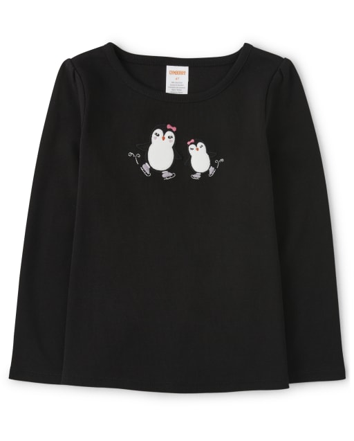 Girls Embroidered Skating Penguin Top - Polar Party - view 1