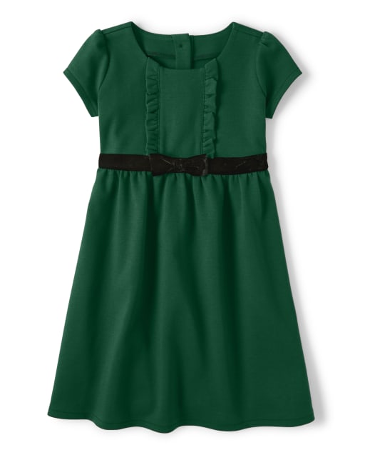 Girls Bow Ponte Dress - Family Celebrations Green