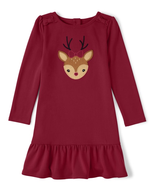 Girls Embroidered Reindeer Peplum Dress - Ho Ho Ho - view 1