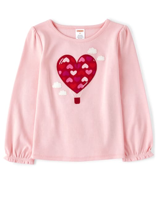 Girls Long Sleeve Embroidered Hot Air Balloon Top - Valentine Cutie