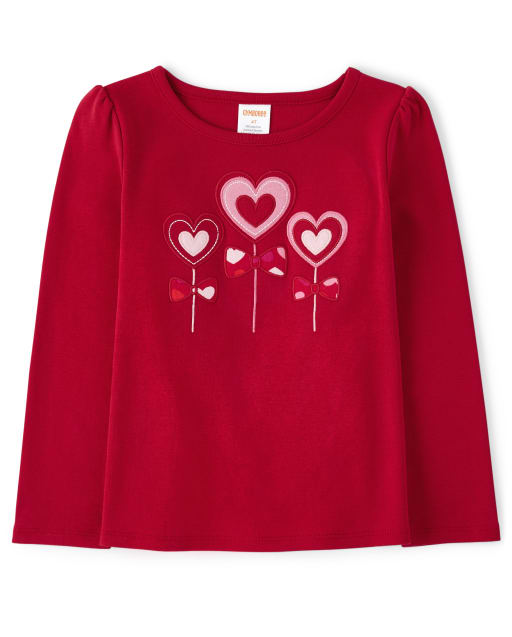 Girls Long Sleeve Embroidered Heart Lollipop Top - Valentine Cutie