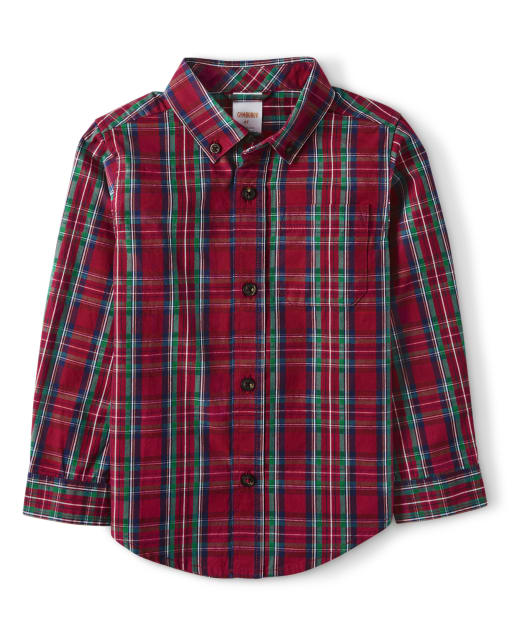 Boys Plaid Button Up Shirt - Family Celebrations Red - view 1
