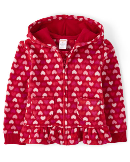 Girls Long Sleeve Heart Print Fleece Peplum Zip Up Hoodie - Valentine Cutie