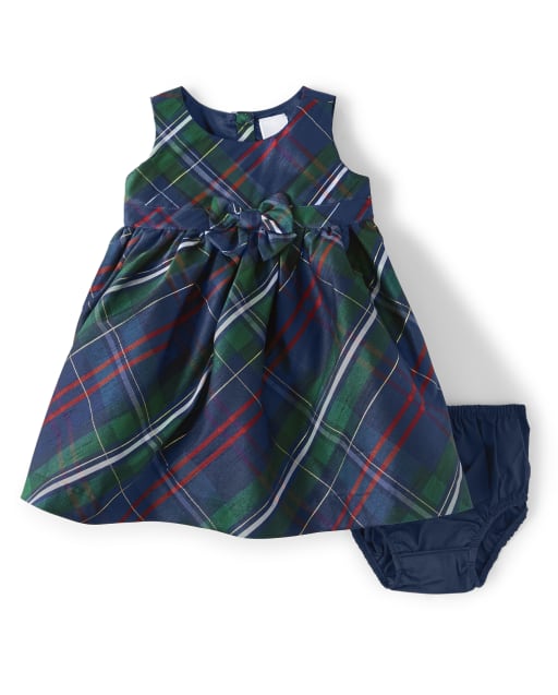 Baby Girls Plaid Bow Dress - Family Celebrations Green