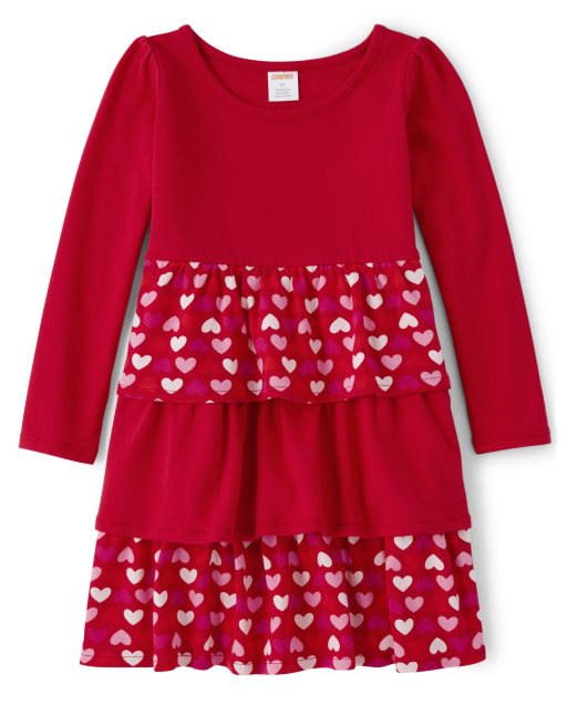 Girls Long Sleeve Heart Print Knit Tiered Dress - Valentine Cutie
