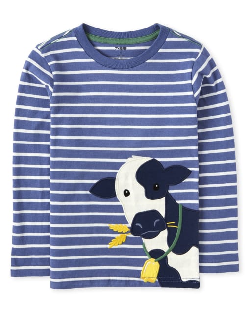 Boys Long Sleeve Embroidered Cow Striped Top - Farming Friends