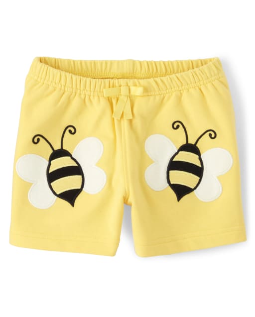 Girls Embroidered Bee French Terry Knit Bow Shorts - Busy Little Bee