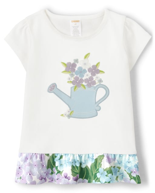 Girls Short Sleeve Embroidered Watering Can Peplum Top - Spring Blooms
