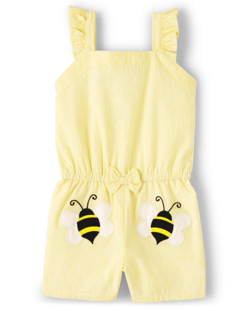 Girls Short Sleeve Embroidered Bee Flutter Seersucker Woven Romper - Busy Little Bee
