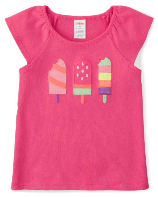 Girls Short Sleeve Embroidered Popsicle Flutter Top - Popsicle Party