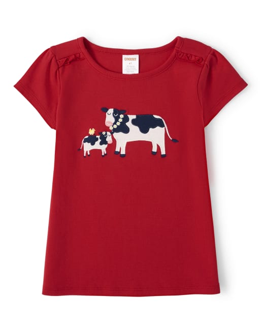 Girls Short Sleeve Embroidered Cow Ruffle Top - Farming Friends