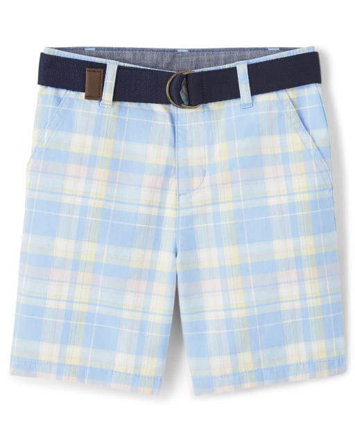 Boys Belted Plaid Chino Shorts - Spring Celebrations