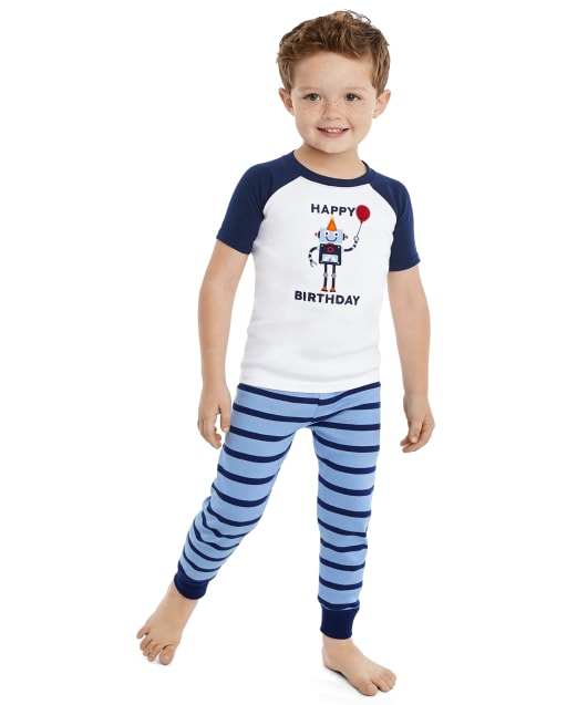 Boys Short Raglan Sleeve Birthday Robot Snug Fit Cotton 2-Piece Pajamas - Gymmies
