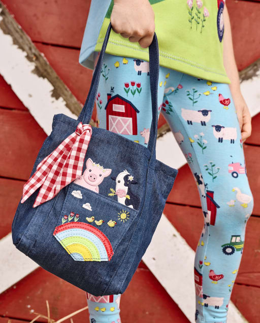 Girls Embroidered Rainbow Tote Bag - Farming Friends