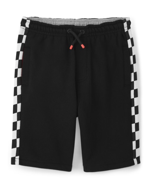 Boys Checkered French Terry Knit Pull On Shorts - Start Your Engines