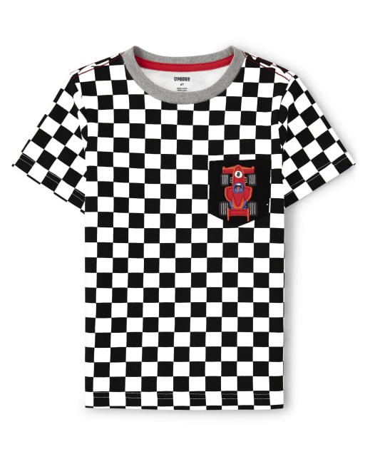 Boys Short Sleeve Checkered Pocket Top - Start Your Engines