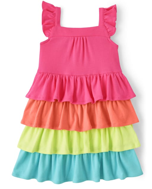 Girls Short Sleeve Rainbow Colorblock Knit Tiered Dress - Popsicle Party