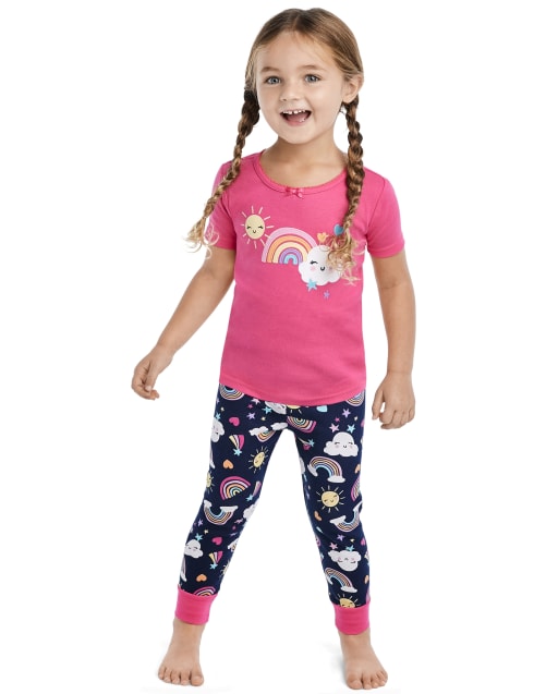 Pijama de 2 piezas de algodón con ajuste ceñido arcoíris de manga corta para niñas - Gymmies