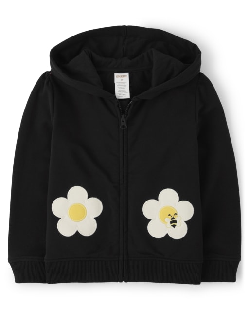 Girls Long Sleeve Embroidered Daisy Zip Up Hoodie - Busy Little Bee
