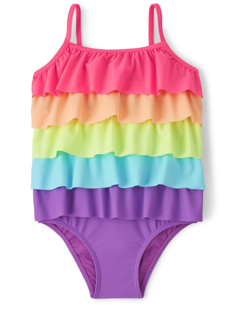 Girls Sleeveless Rainbow Tiered One Piece Swimsuit - Splish-Splash