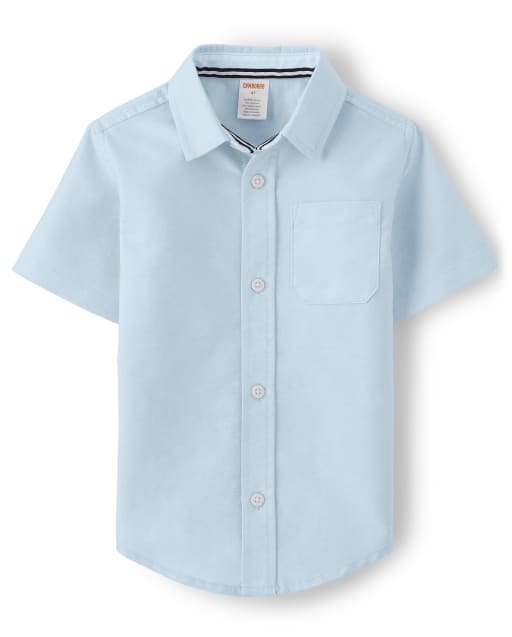 Boys Short Sleeve Oxford Button Down Top with Stain and Wrinkle Resistance