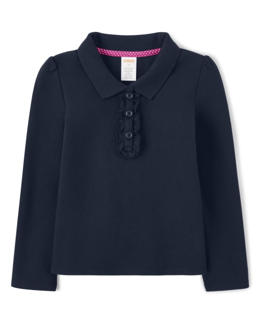 Girls Long Sleeve Ruffle Polo with Stain Resistance - Uniform