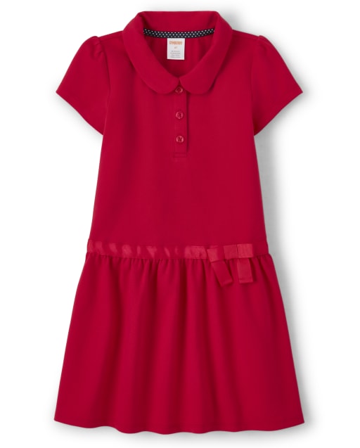 Girls Short Sleeve Knit Polo Dress with Stain Resistance - Uniform