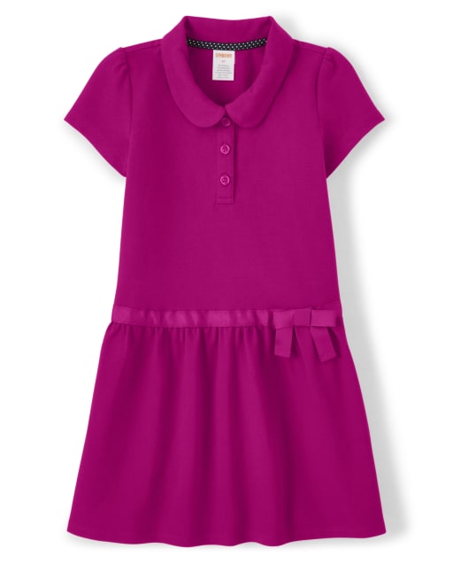 Girls Short Sleeve Knit Polo Dress with Stain Resistance - Uniform