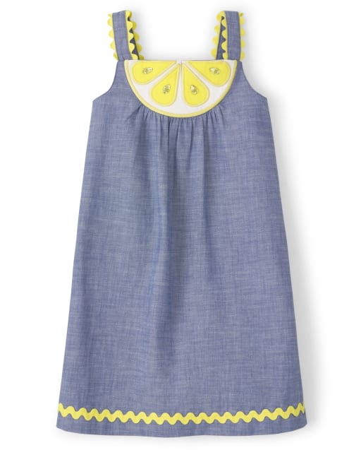 Girls Embroidered Lemon Chambray Woven Dress - Citrus & Sunshine