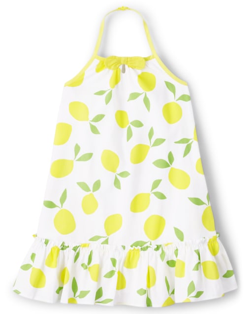 Girls Sleeveless Lemon Print Ruffle Woven Halter Dress - Citrus & Sunshine